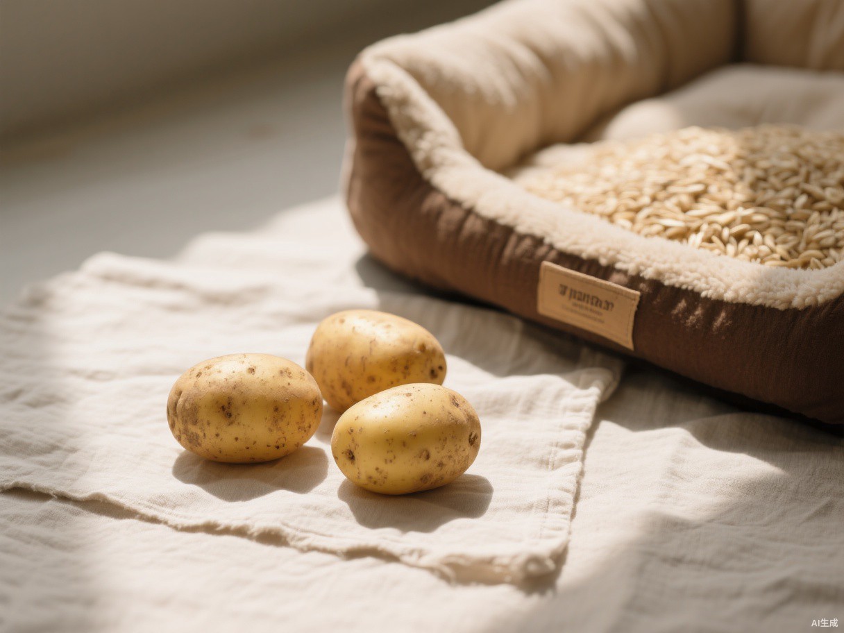 Three potatoes on linen beside a warm oatmeal pet bed